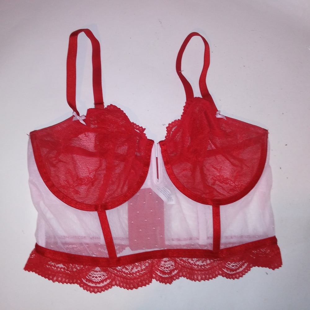 Auden Bra Large Long Line Red White Lace Boned Underwire